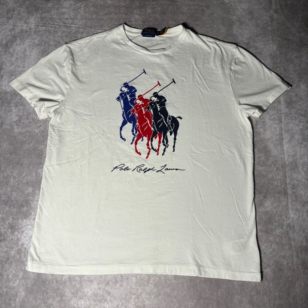 Polo Ralph Lauren Mens White Triple Pony Graphic T-Shirt Classic Fit Medium